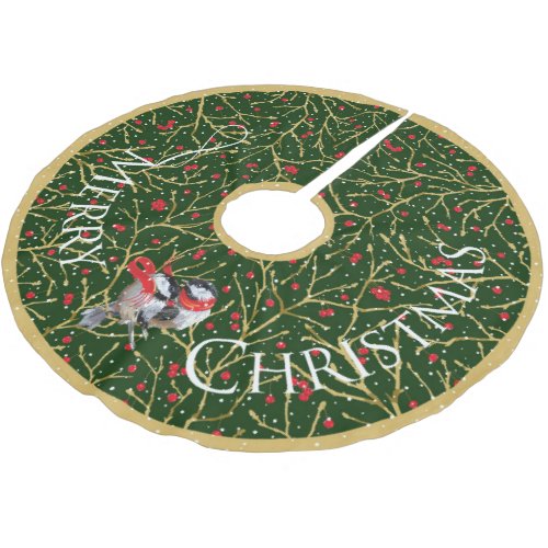 Our First Christmas  Chickadees  Green   Brushed Polyester Tree Skirt