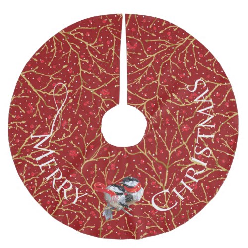 Our First Christmas  Chickadees  Red   Brushed Polyester Tree Skirt