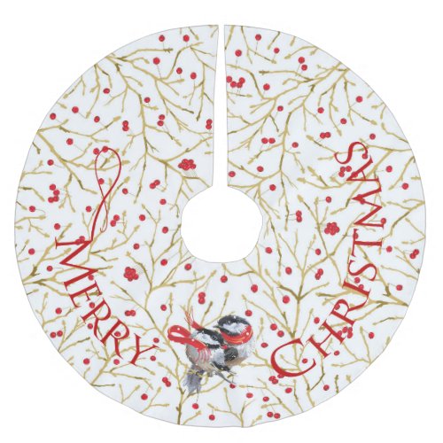 Our First Christmas  Chickadees  White   Brushed Polyester Tree Skirt