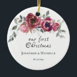 Our First Christmas Christian Floral Wedding Ceramic Ornament<br><div class="desc">Beautiful floral wedding Our First Christmas ceramic ornament depicts elegant romantic hand-painted watercolor flowers in blush pink,  burgundy and soft grey greenery shades. Front features names and date. The back has Bible Verse 1 Corinthians 13:13,  "And now abide faith,  hope and love,  but the greatest of these is love."_</div>