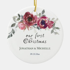 Our First Christmas Christian Floral Wedding Ceramic Ornament at Zazzle
