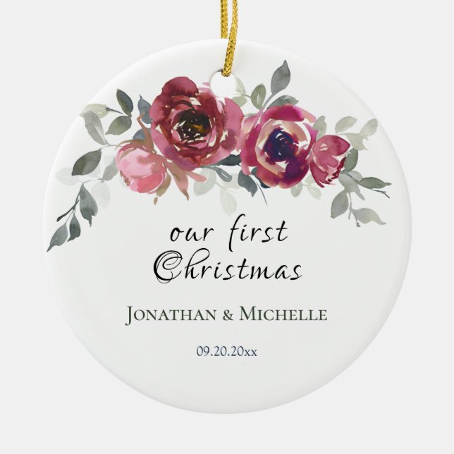 Our First Christmas Christian Floral Wedding Ceramic Ornament (Front)