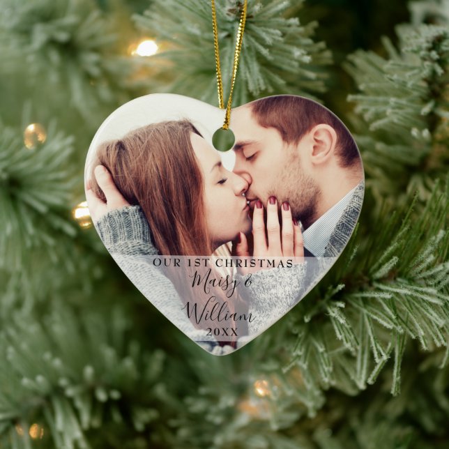 Our First Christmas Couple Names Photos Love Heart Ceramic Ornament (Tree)