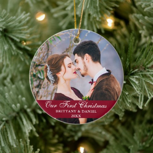 Our First Christmas Couple Photo Burgundy Ceramic Ornament