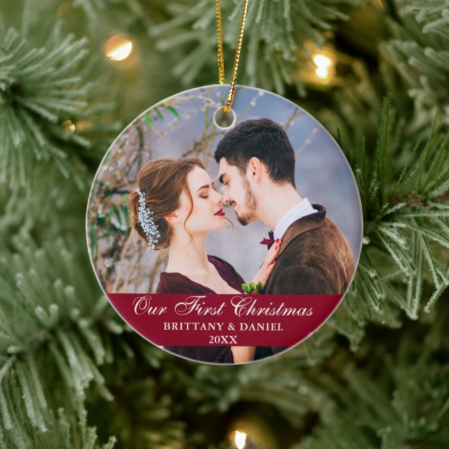 Our First Christmas Couple Photo Burgundy Ceramic Ornament (Tree)