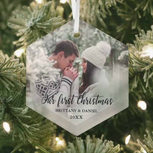 Our First Christmas Couple Photo Glass Ornament