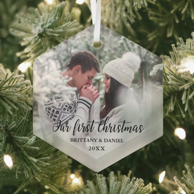 Our First Christmas Couple Photo Glass Ornament (Insitu)