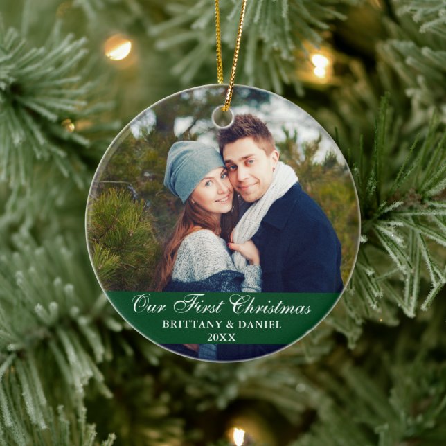 Our First Christmas Couple Photo Green Ceramic Ornament (Tree)