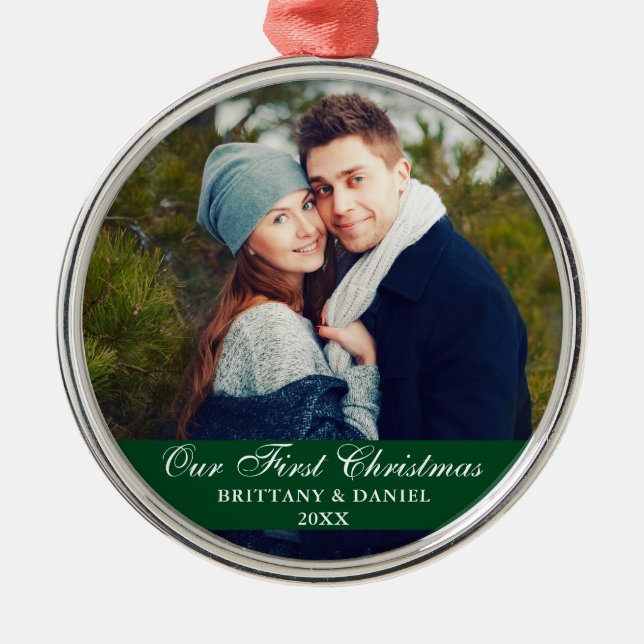 Our First Christmas Couple Photo Green Metal Ornament (Front)