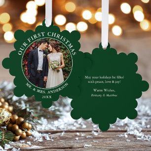 Our First Christmas Couple Photo Green Ornament Card