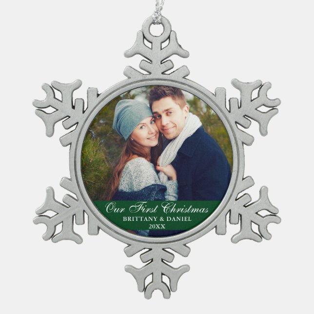 Our First Christmas Couple Photo Green Snowflake Pewter Christmas Ornament (Front)