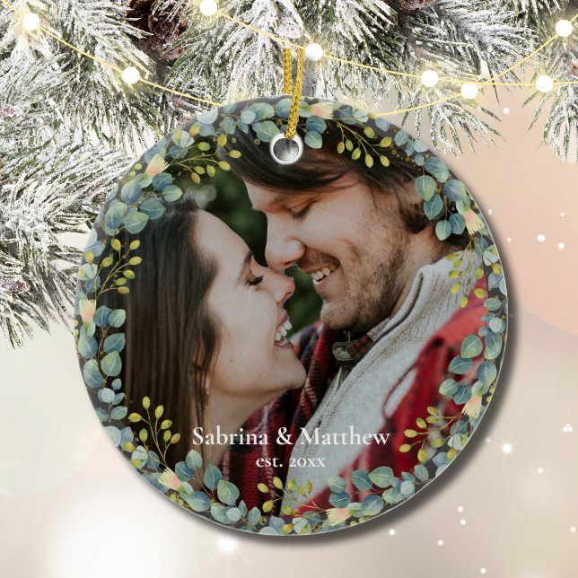 Our First Christmas Couple Photo Greenery Wreath  Ceramic Ornament (Our First Christmas Married Engaged Couple Photo Christmas Ornament Keepsake)