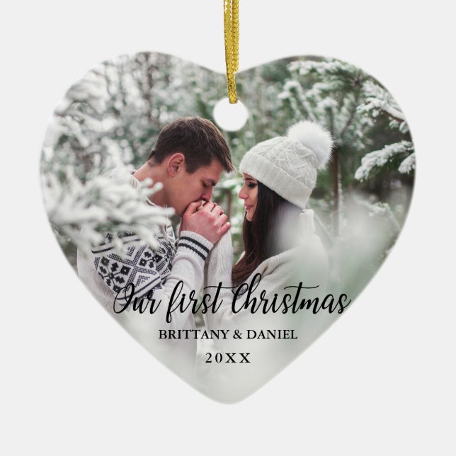 Our First Christmas Couple Photo Heart Ceramic Ornament (Front)