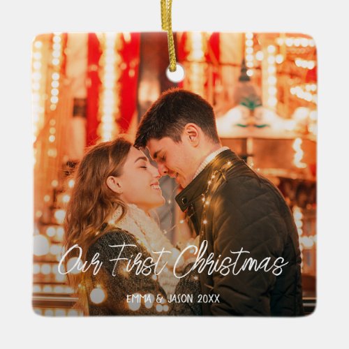 Our first Christmas couple photo love script font Ceramic Ornament