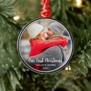 Our First Christmas Couple Photo Modern Round Metal Ornament by HappyMemoriesPaperCo at Zazzle