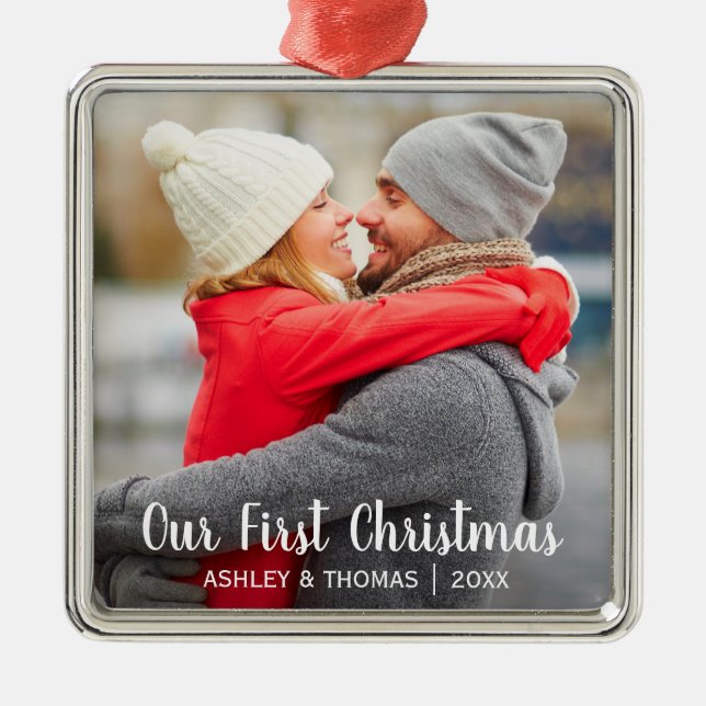 Our First Christmas Couple Photo Modern Square Metal Ornament (Front)
