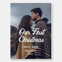 Our first Christmas couple photo name white gray