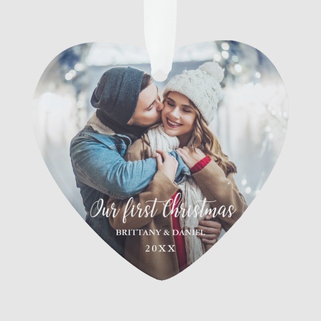 Our First Christmas Couple Photo Red Heart Ornament (Front)