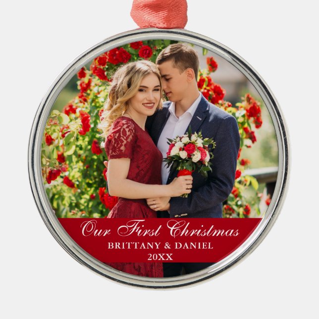 Our First Christmas Couple Photo Red Metal Ornament (Front)