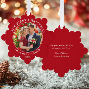 Our First Christmas Couple Photo Red Ornament Card