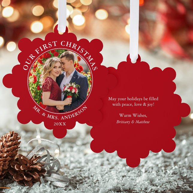 Our First Christmas Couple Photo Red Ornament Card (A greeting card that is also an ornament! Customize with your photo and personalized text.)