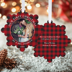 Our First Christmas Couple Photo Red Plaid Ornament Card