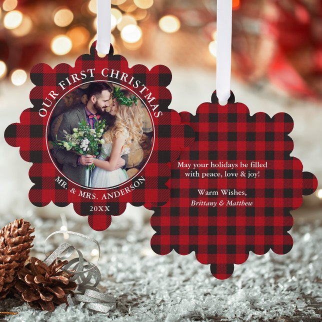 Our First Christmas Couple Photo Red Plaid Ornament Card (A greeting card that is also an ornament! Customize with your photo and personalized text.)