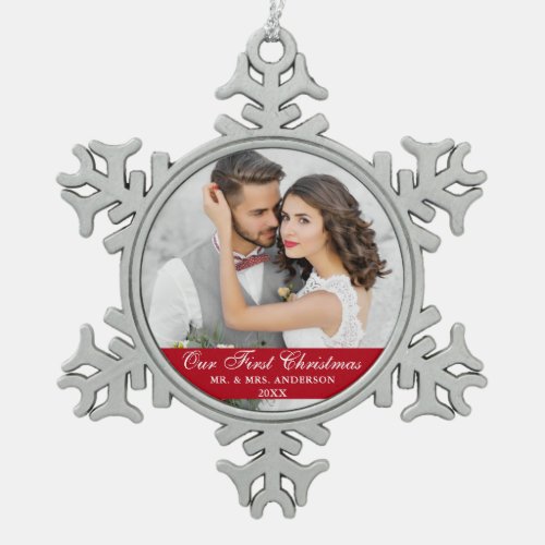 Our First Christmas Couple Photo Red Snowflake Pewter Christmas Ornament