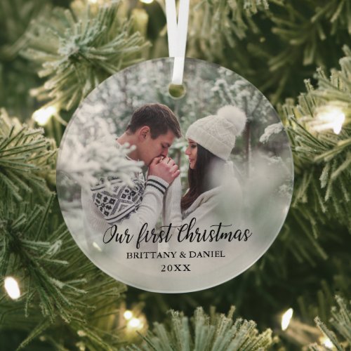 Our First Christmas Couple Photo Round Glass Ornament