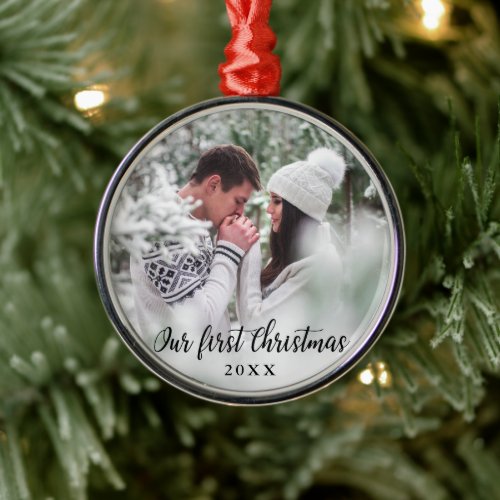 Our First Christmas Couple Photo Round Metal Ornament