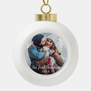 Our First Christmas Couple Photo Script Ceramic Ball Christmas Ornament