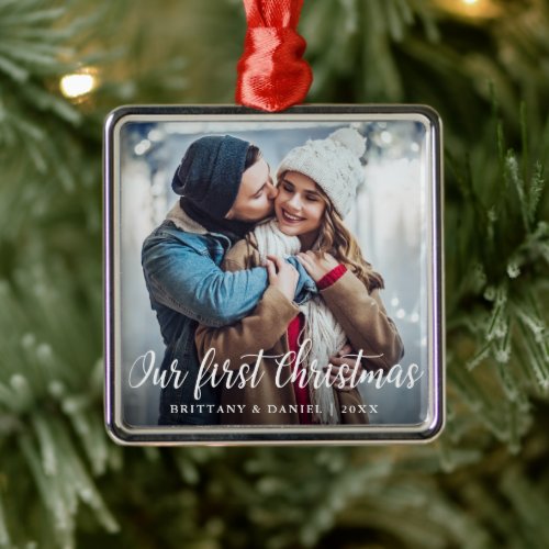 Our First Christmas Couple Photo Script Metal Ornament