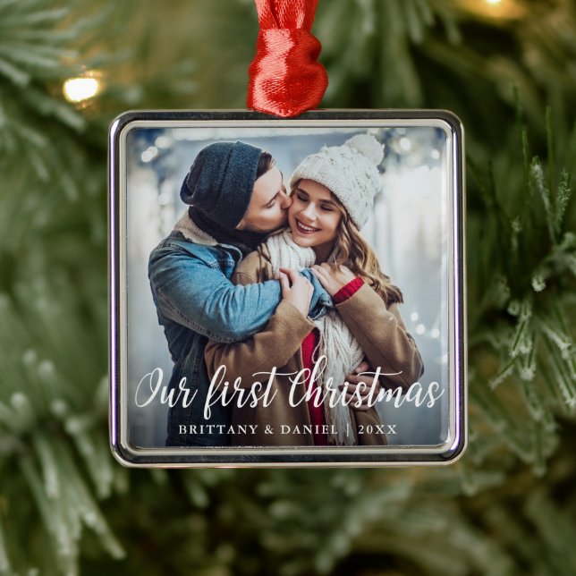 Our First Christmas Couple Photo Script Metal Ornament (Tree)