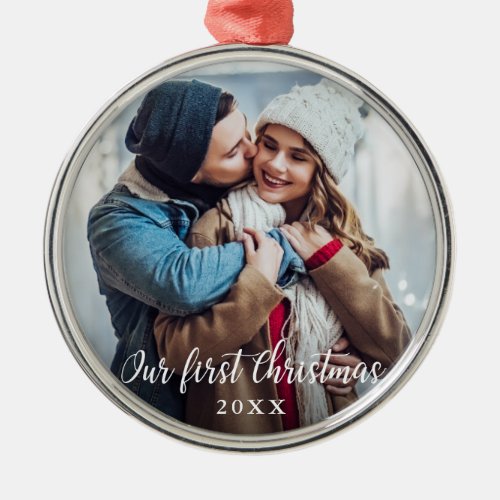 Our First Christmas Couple Photo Script Round Metal Ornament