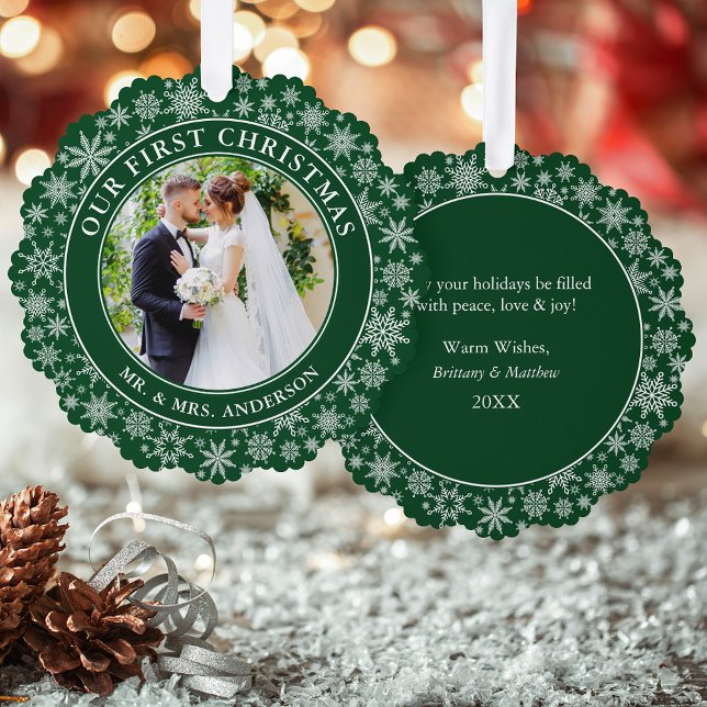 Our First Christmas Couple Photo Snowflakes Green Ornament Card (A greeting card that is also an ornament! Customize with your photo and personalized text.)