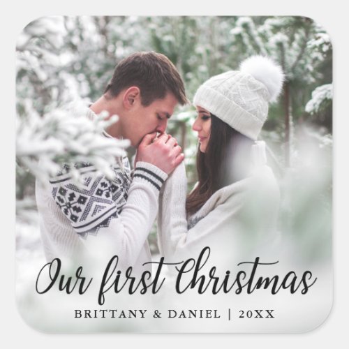 Our First Christmas Couple Photo Square Sticker