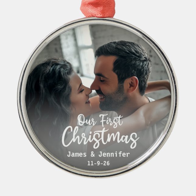 Our First Christmas Custom Couple Names & Photo Metal Ornament (Front)
