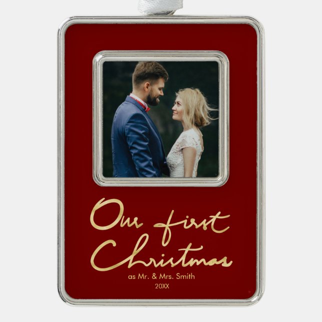 Our First Christmas Custom Hand lettered Photo Ornament (Front)
