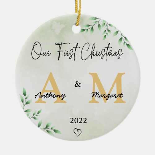 Our First Christmas Custom Monogram Name  Photo Ceramic Ornament