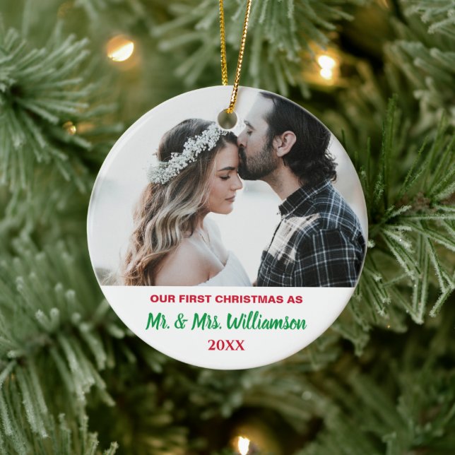 Our First Christmas Custom Photo Married Couple Ceramic Ornament (Tree)