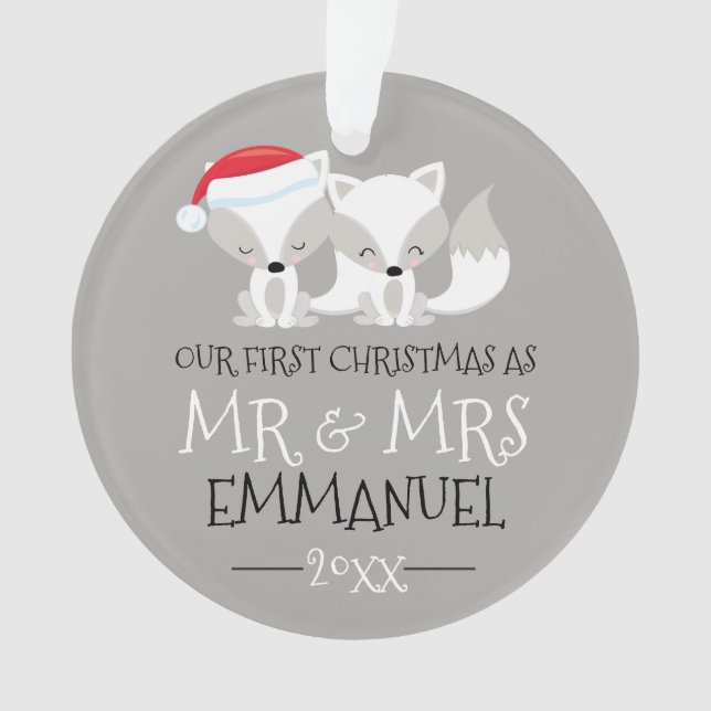 Our First Christmas Cute Arctic Fox Personalized Ornament (Front)
