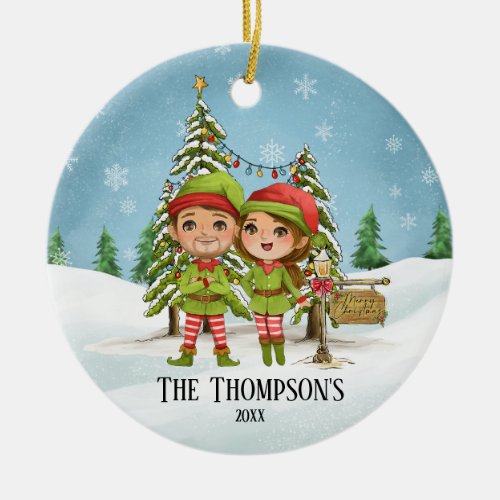Our First Christmas Cute Elf Couple  Ceramic Ornament