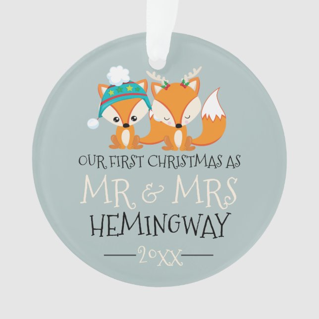 Our First Christmas Cute Red Fox Personalized Ornament (Front)