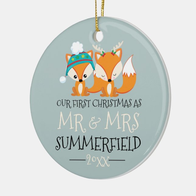 Our First Christmas Cute Red Foxes Personalized Ceramic Ornament (Left)