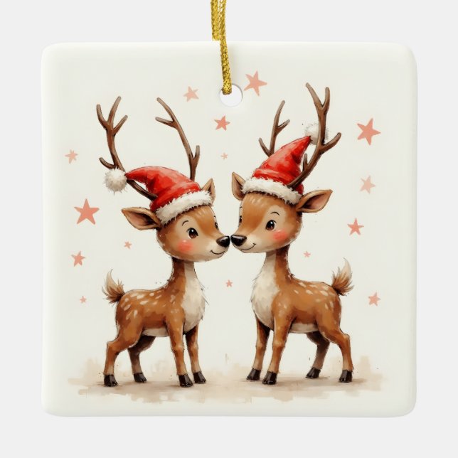Our First Christmas Cute Reindeer in Santa Hats Ceramic Ornament (Front)