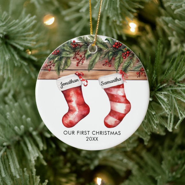 Our first Christmas cute stocking couple Ceramic Ornament (Tree)