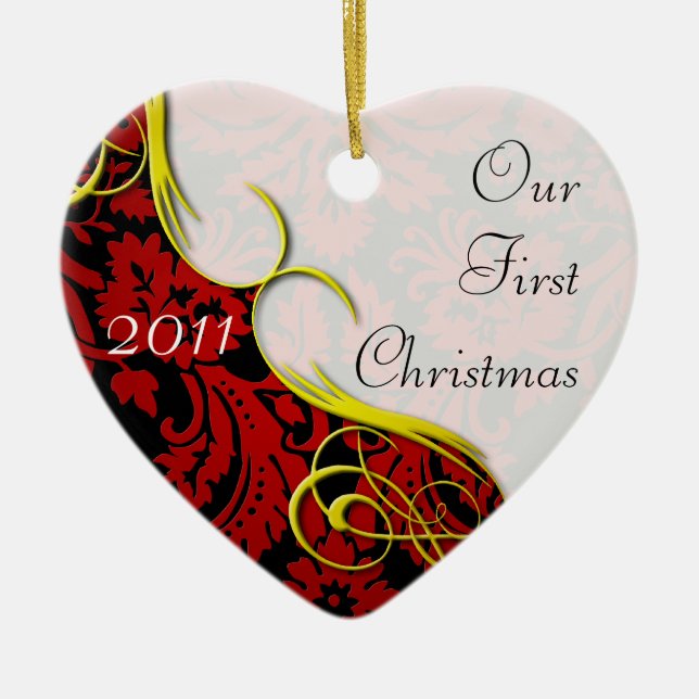 Our First Christmas Damask Ceramic Ornament (Front)