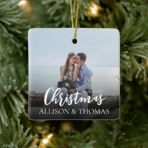 Our First Christmas Elegant Photo Simple Wedding  Ceramic Ornament