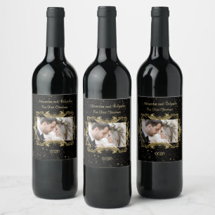 Our First Christmas Elegant Photo Template Black Wine Label