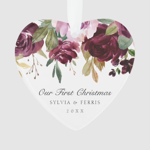 Our First Christmas Elegant Plum Floral Photo Ornament